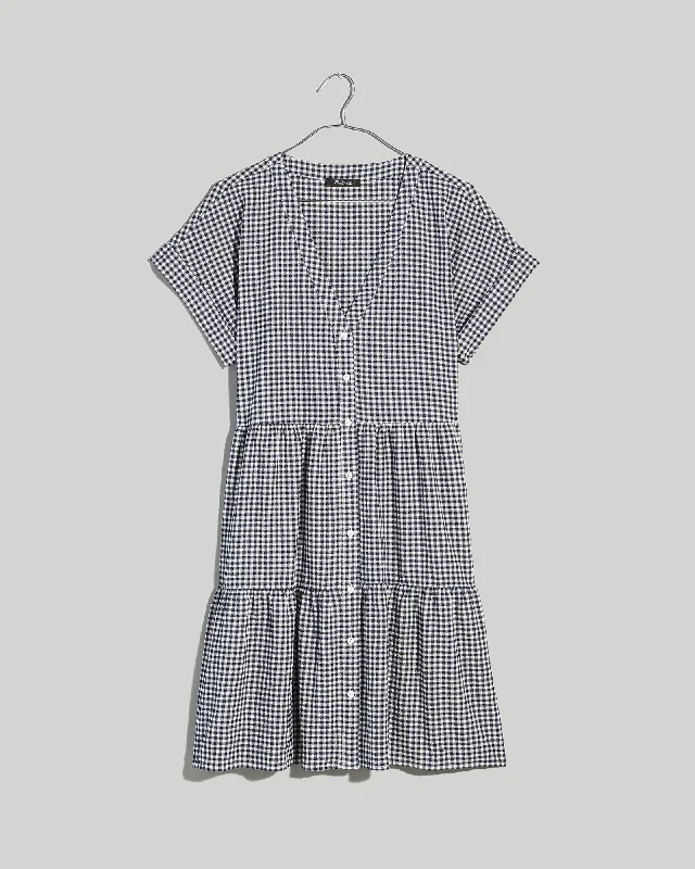Button-Front Tiered Mini Dress | Deep Indigo Modern Satin Mini Dress