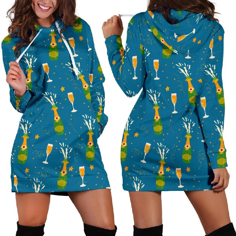 Celebrate Champagne Print Pattern Women Hoodie Dress Hoodie Jacket Zipper Layering