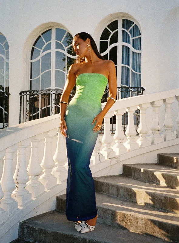 Stolen Love Strapless Maxi Dress Blue / Green Ombre Tunics Plaid country