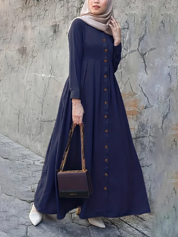 Elegant Puff Sleeve Maxi Dress - Ruched Button Detail - Versatile for Ramadan & Special Occasions - Women's Fashion Tunics Stylish modern