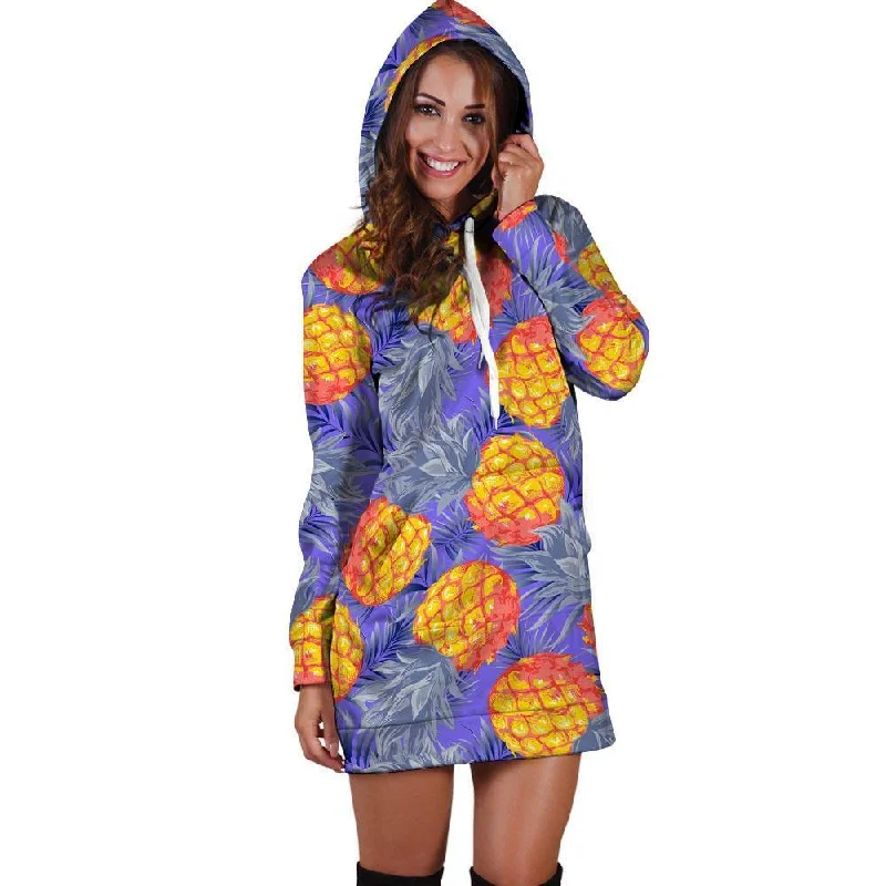 Blue Neon Pineapple Hawaiian Print Hoodie Dress Hoodie with Relaxed Fit Easy Casual