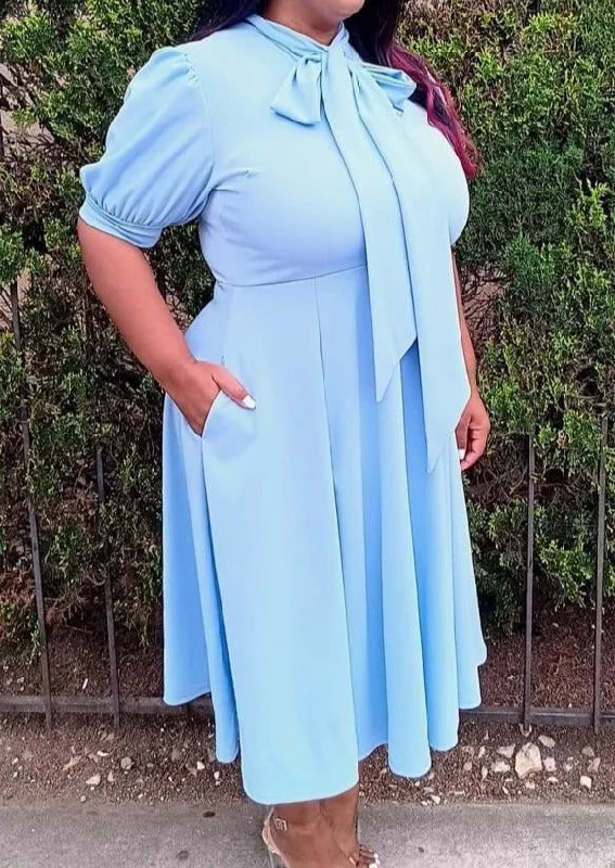 Hi Curvy Plus Size Women Bow Collar Fit & Flare Midi Dress Casual Short Summer