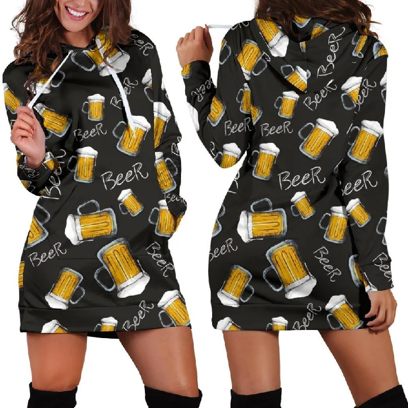 Beer Pattern Print Women Hoodie Dress Hoodie with Distressed Vintage Worn