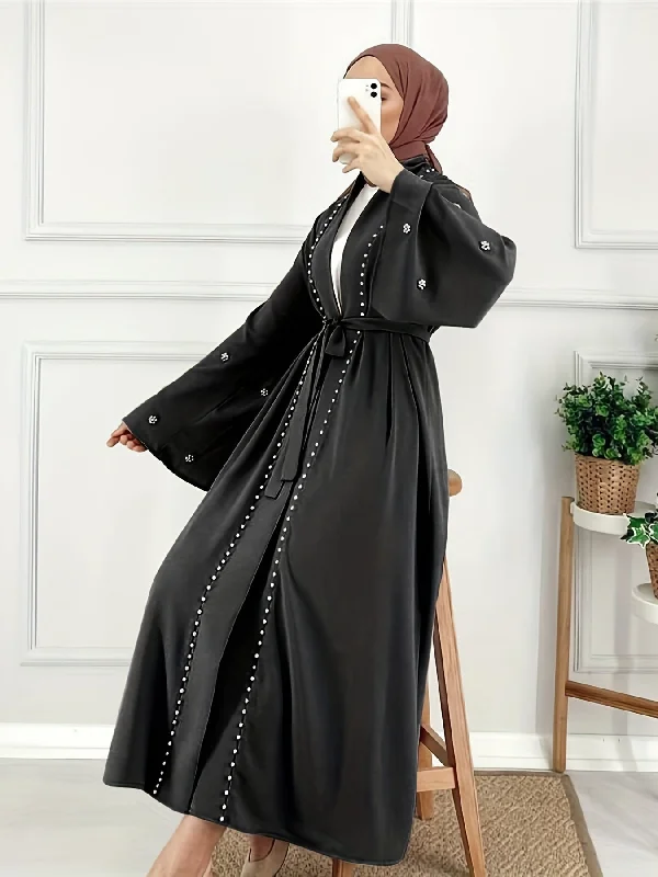 Ramadan Glamour - Solid Beaded Open Front Burqa Maxi Dress with Belted Waist - Timeless & Elegant Womens Clothing for Ramadan Tunics Long Elegant Ramadan Glamour - Solid Beaded Open Front Burqa Maxi Dress with Belted Waist - Timeless & Elegant Womens Clothing for Ramadan Tunics Long Elegant