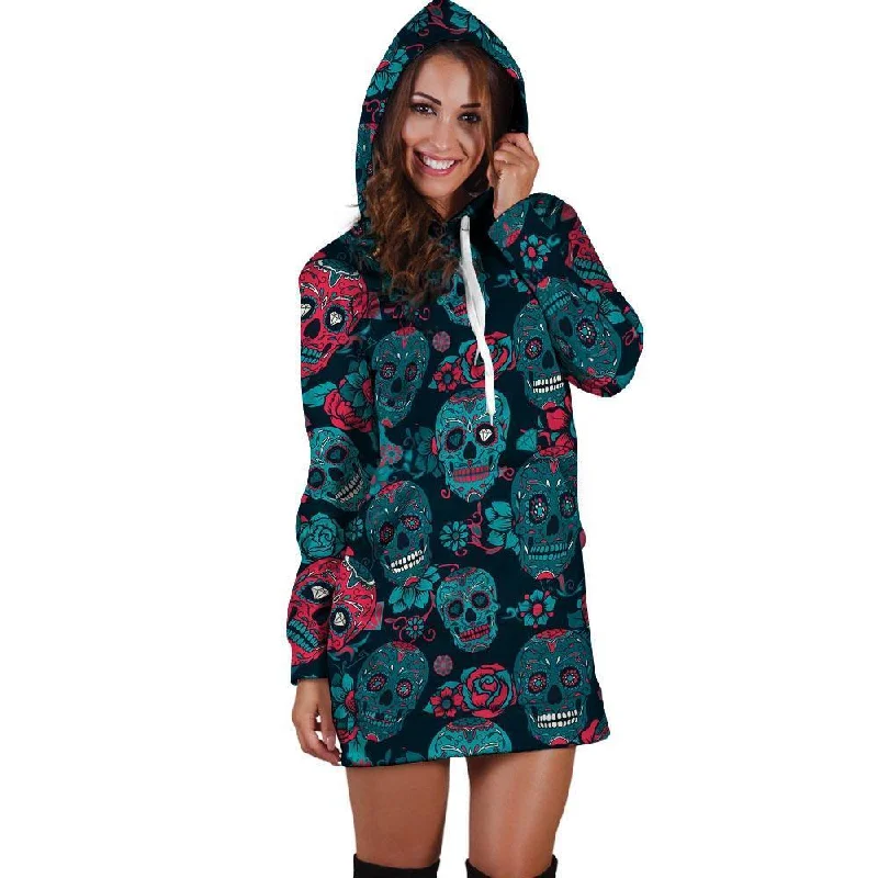 Blue And Red Floral Sugar Skull Hoodie Dress Hoodie with Zipper Placket Modern Functional Blue And Red Floral Sugar Skull Hoodie Dress Hoodie with Zipper Placket Modern Functional
