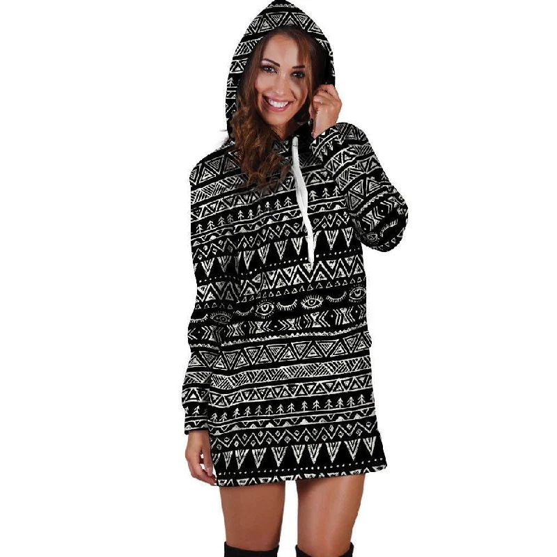 Black And White Doodle Tribal Aztec Print Hoodie Dress Hoodie Jacket Zipper Layering Black And White Doodle Tribal Aztec Print Hoodie Dress Hoodie Jacket Zipper Layering