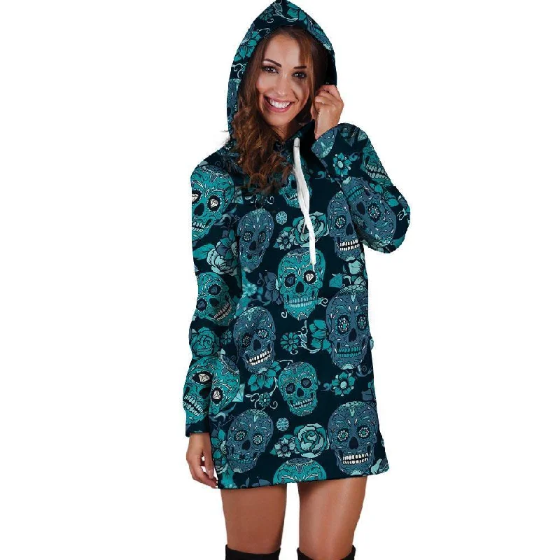 Blue Sugar Skull Hoodie Dress Hoodie with Applique Textured Unique