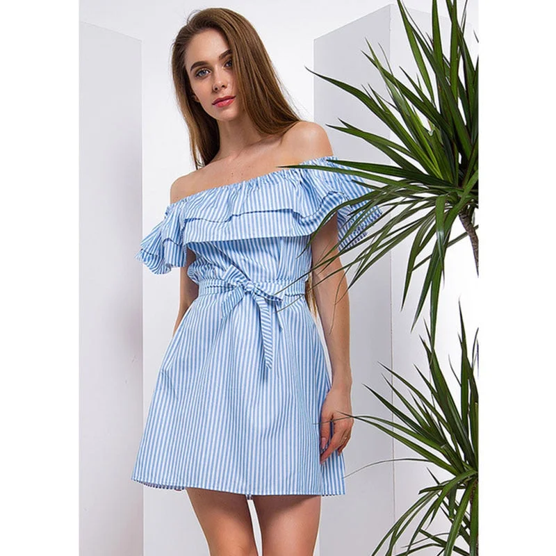 Sexy Slash Striped Ruffle Sleeveless Mini Dresses Women Casual Lace Up Above-knee Dress Summer Ladies Party Club Dress Vestidos Tunics Denim casual Sexy Slash Striped Ruffle Sleeveless Mini Dresses Women Casual Lace Up Above-knee Dress Summer Ladies Party Club Dress Vestidos Tunics Denim casual