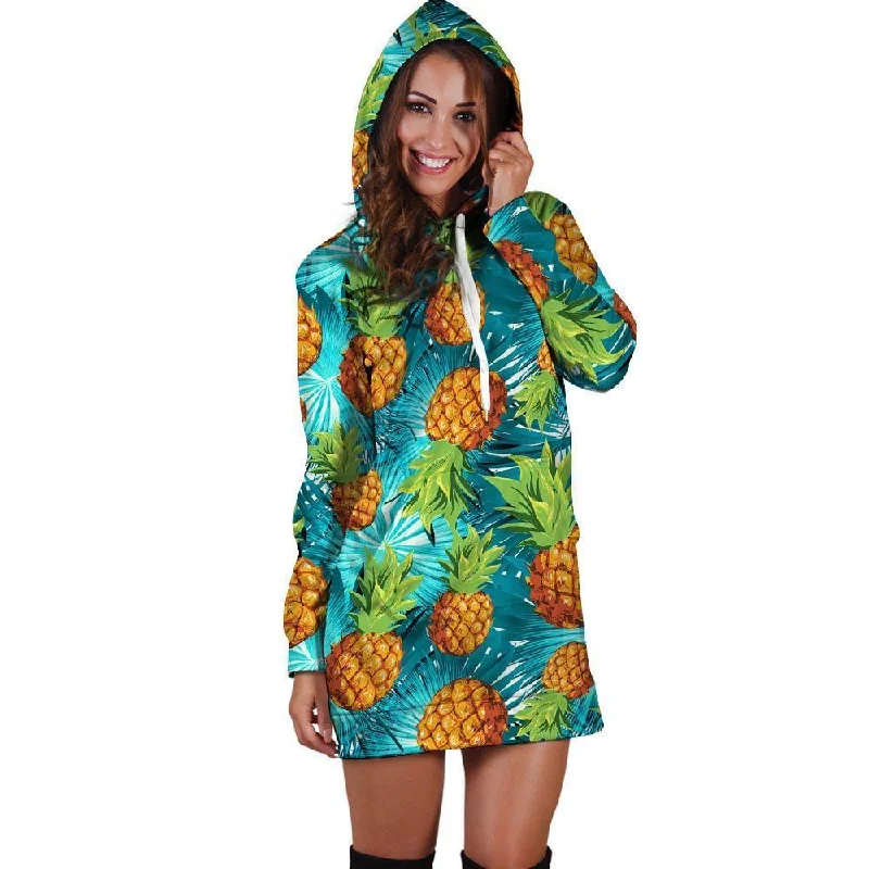Blue Tropical Hawaiian Pineapple Print Hoodie Dress Hoodie with Drawcord Adjustable Secure