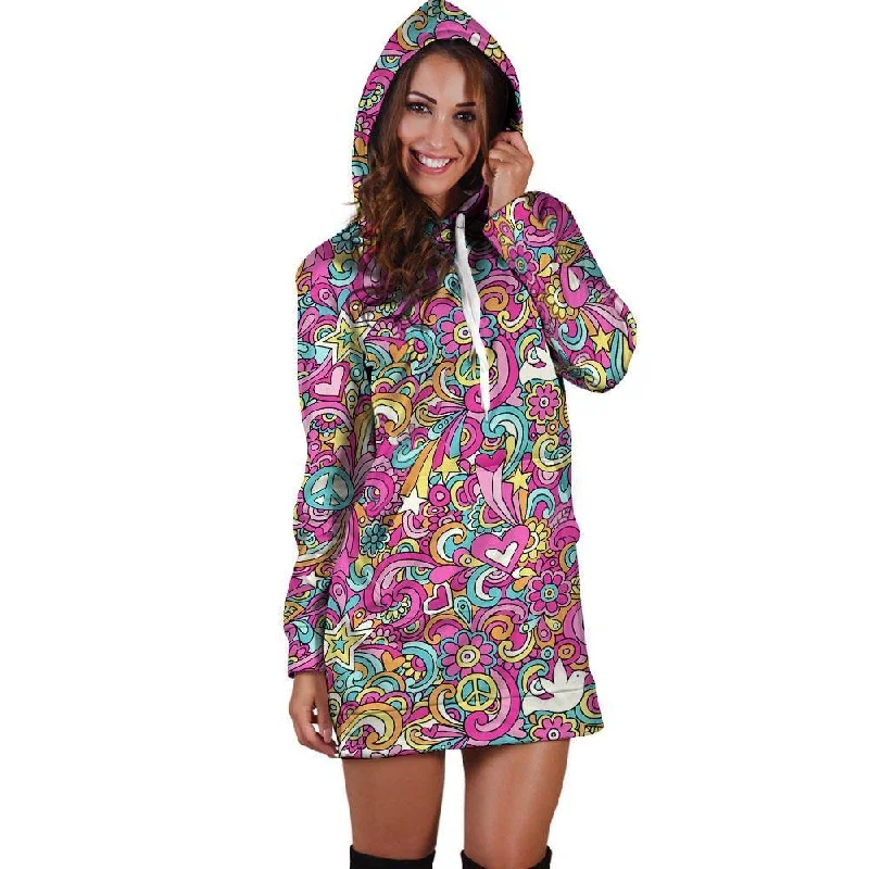 Abstract Hippie Hoodie Dress Hoodie with Mock Neck Collared Structured
