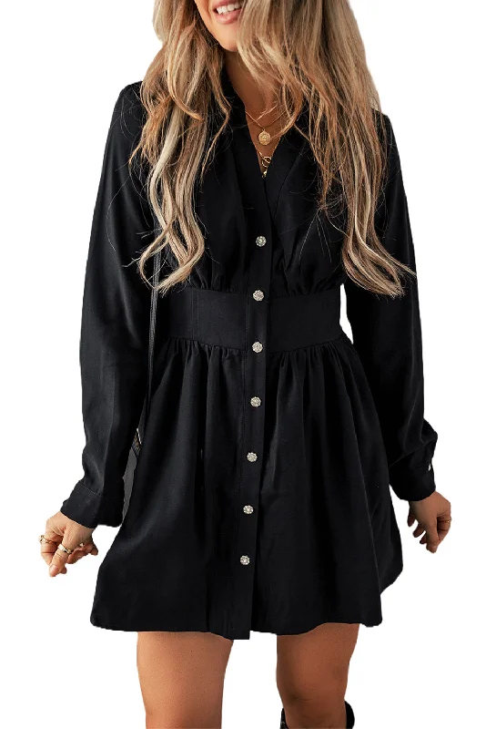 Black Solid Mini Dress with Buttons Elegant Floral-Print Mini Dress