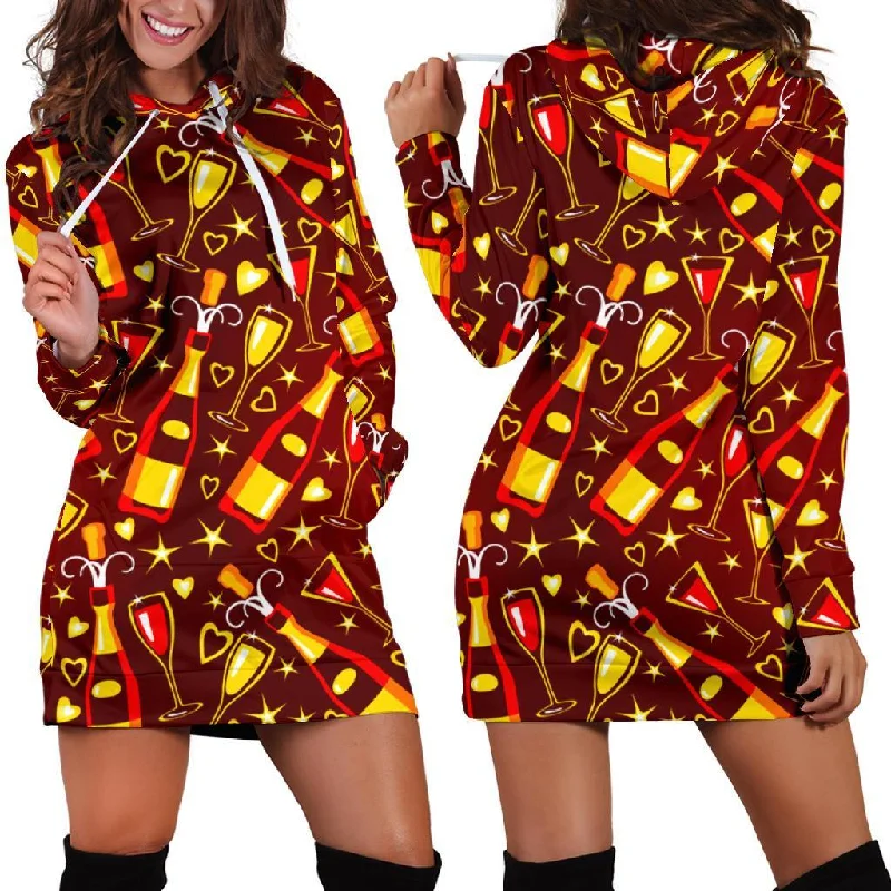 Champagne Pattern Print Women Hoodie Dress Hoodie with Hem Frayed Vintage Worn