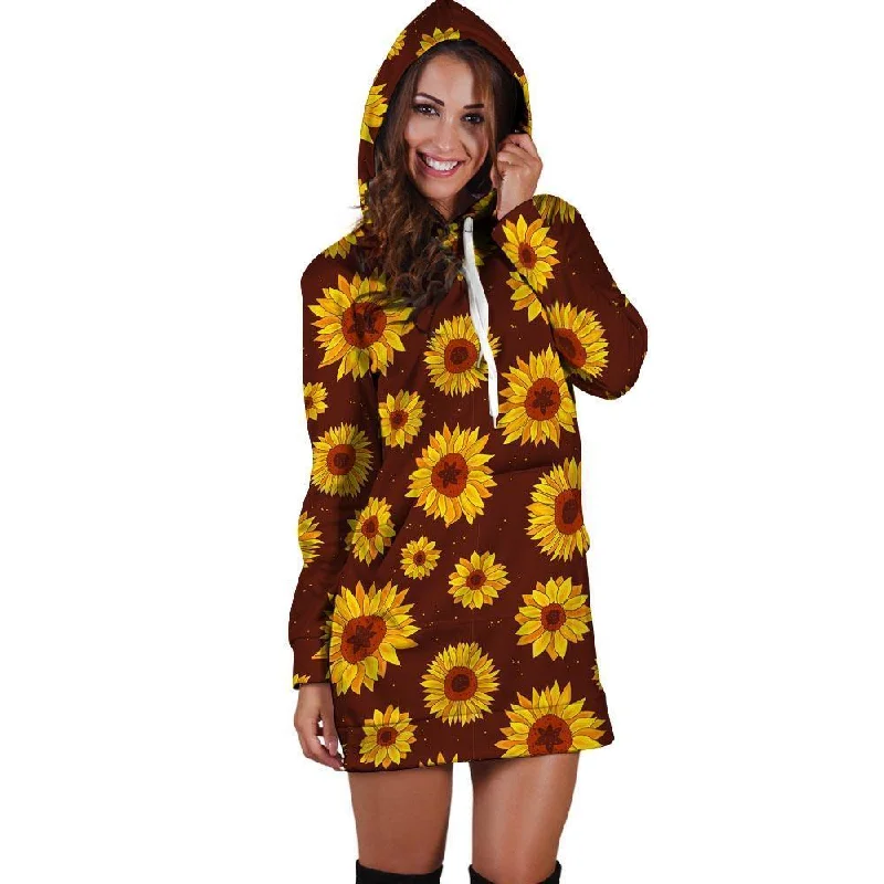 Brown Sunflower Hoodie Dress Hooded Sweatshirt Casual Wear Street Style