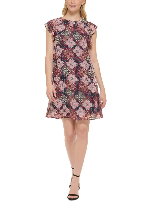 Petites Womens Floral Ruffle Sleeve Cocktail And Party Dress Shift Classic Vintage