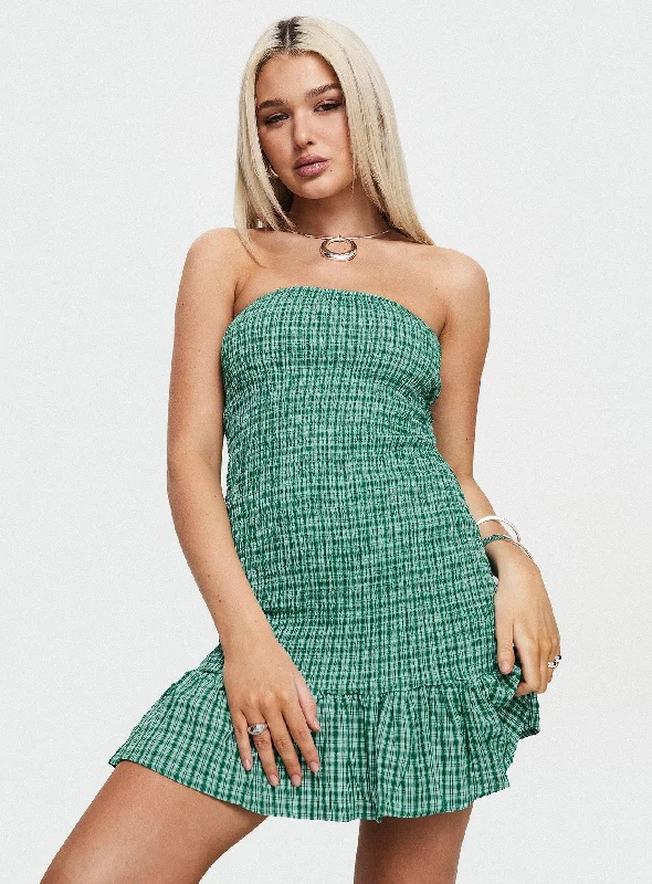 Porschia Strapless Mini Dress Green Check Tunics Trendy modern