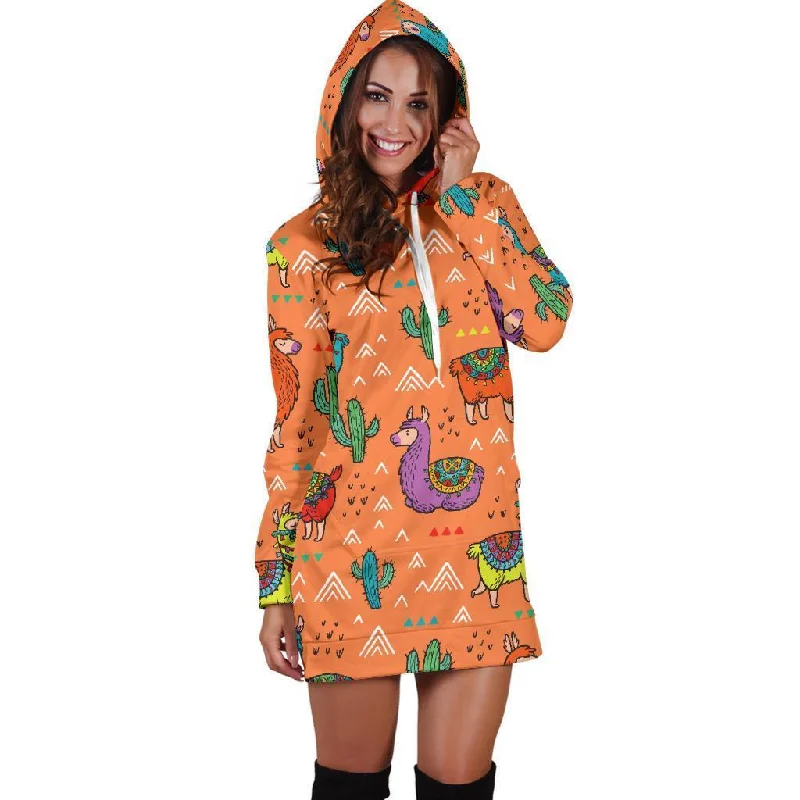 Alpaca Cactus Pattern Print Women Hoodie Dress Hoodie with Hem Contrast Bold Stylish Alpaca Cactus Pattern Print Women Hoodie Dress Hoodie with Hem Contrast Bold Stylish