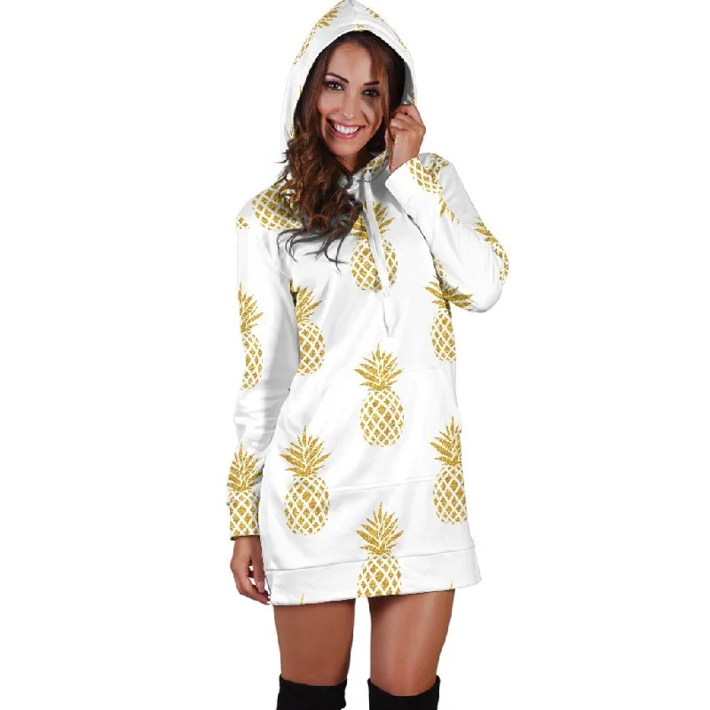 Women White Gold Pineapple Hawaiian Hoodie Dress Print Hoodie Crop Top Short Trendy