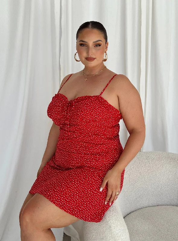 Love Birds Mini Dress Red Curve Square Neckline Feminine