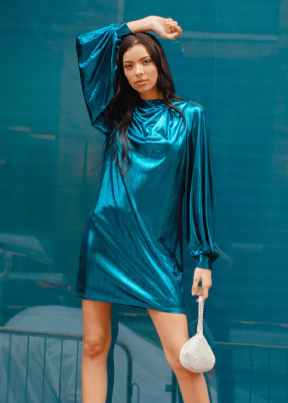 The Aria Metallic Mini Dress - Turquoise Fashionable Party Mini Dress