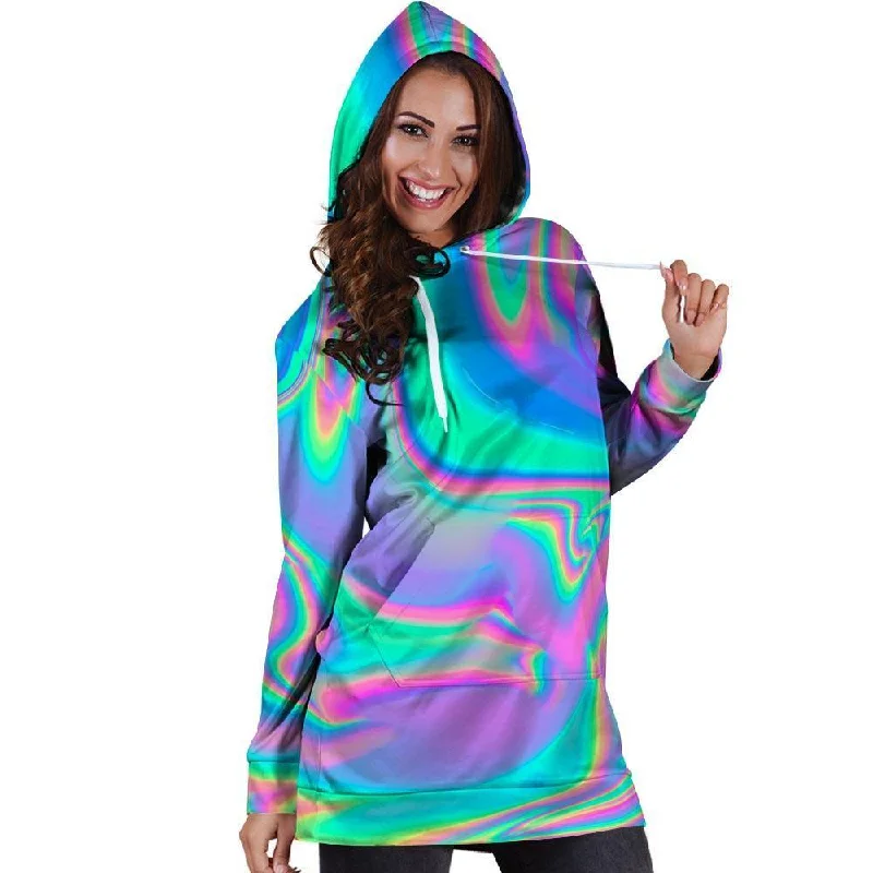 Abstract Pastel Holographic Hoodie Dress Hoodie with V-Neck Classic Versatile