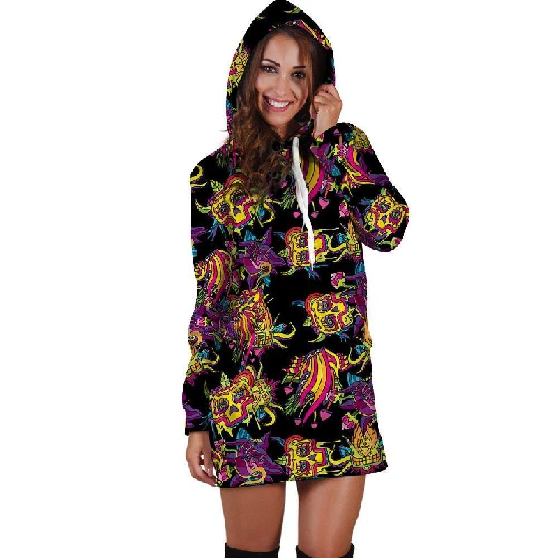 Black Skull Trippy Psychedelic Hoodie Dress Hoodie with Tied Waist Feminine Flattering Black Skull Trippy Psychedelic Hoodie Dress Hoodie with Tied Waist Feminine Flattering