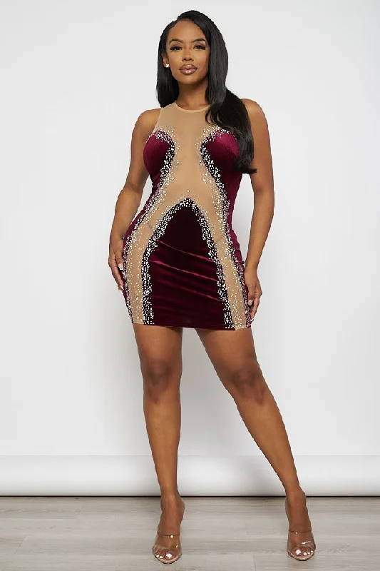 Rhinestone Velvet Sleeveless Mini Dress Trendy Cut-Out Mini Dress