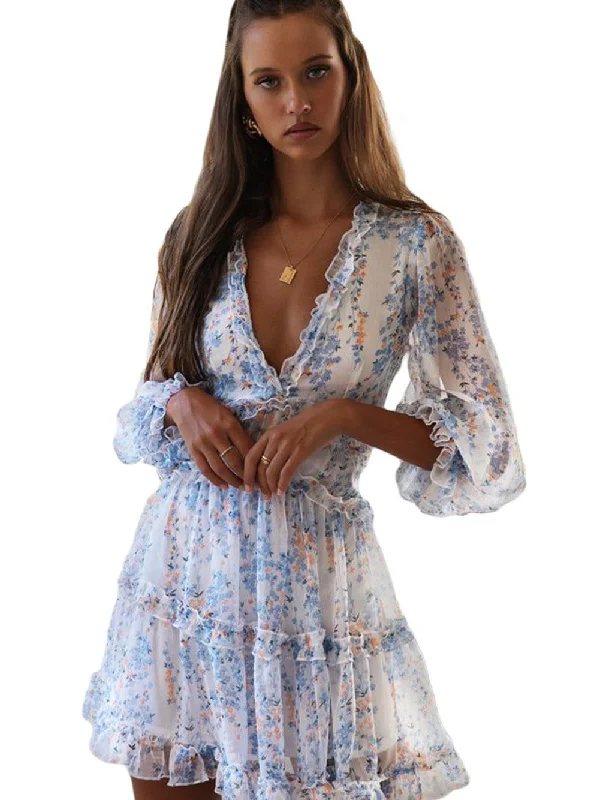 Long Sleeve Open Back Floral Mini Dress Trendy Tie-Dye Mini Dress
