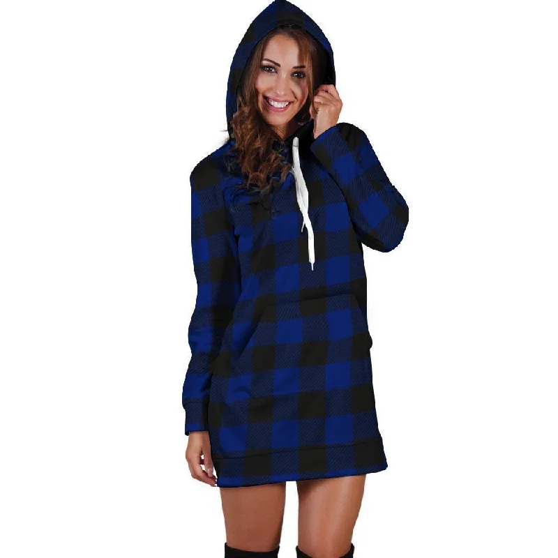 Blue Buffalo Plaid Hoodie Dress Hoodie with High Neck Warm Protective