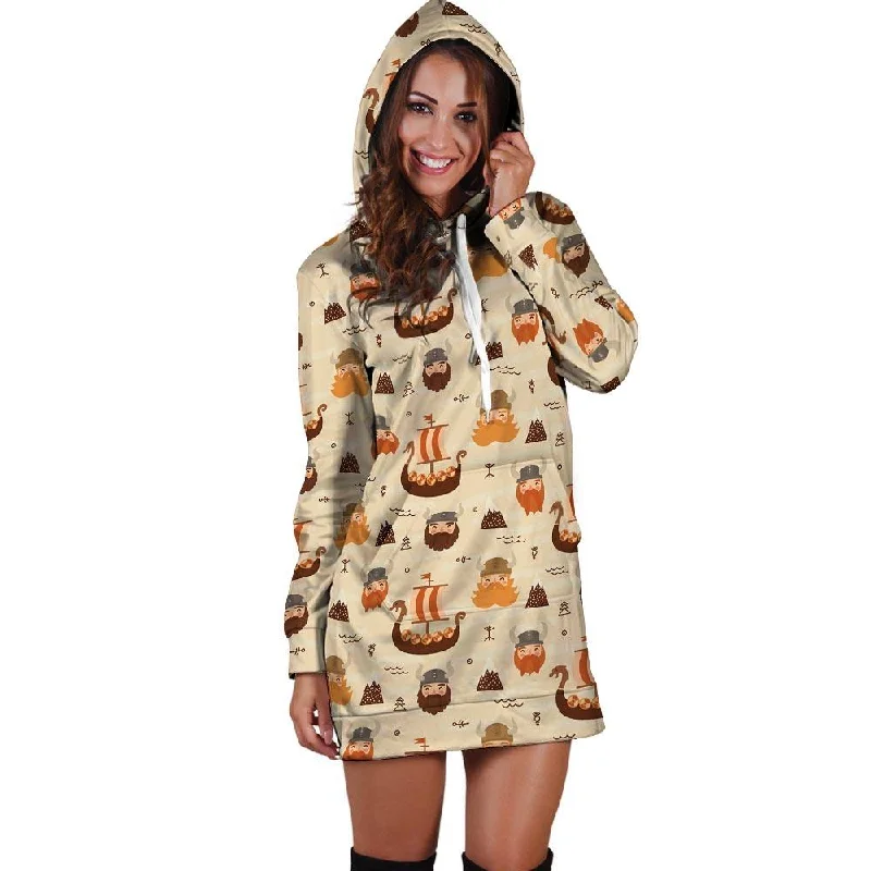 Cartoon Viking Norse Hoodie Dress Hoodie with Hem Elastic Stretchable Comfortable