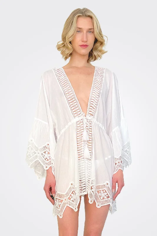 April Lace Coverup Mini Dress - White Cozy Wraparound Mini Dress