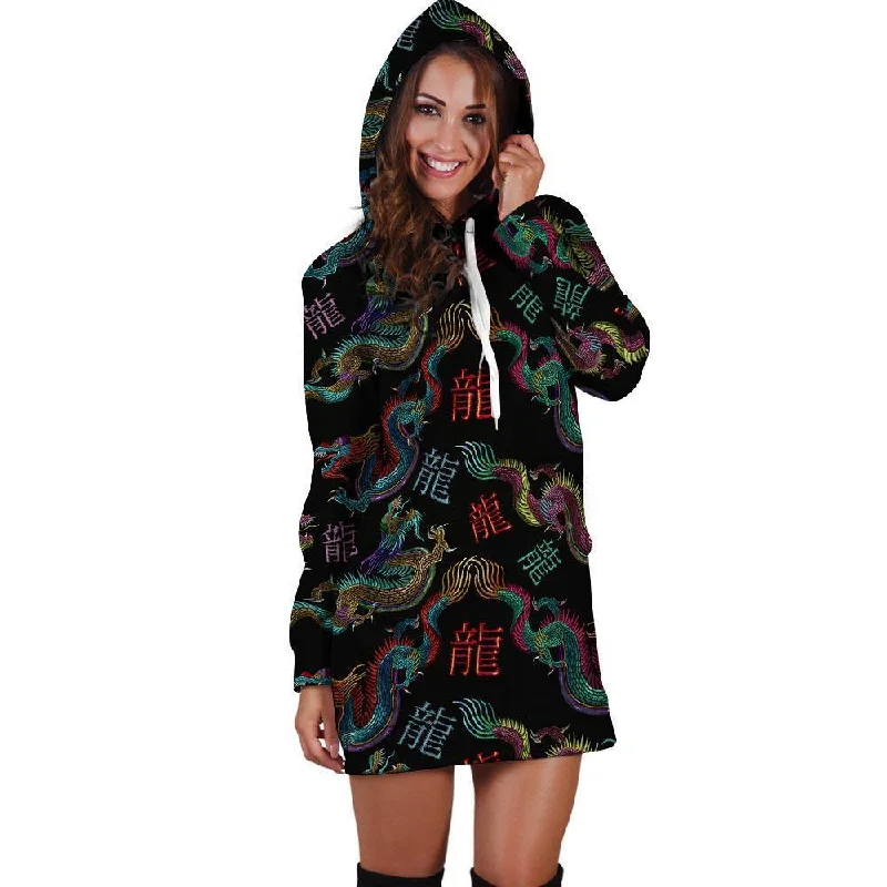 Chinese Dragon Character Print Hoodie Dress Hoodie with High-Low Hem Asymmetrical Trendy Chinese Dragon Character Print Hoodie Dress Hoodie with High-Low Hem Asymmetrical Trendy
