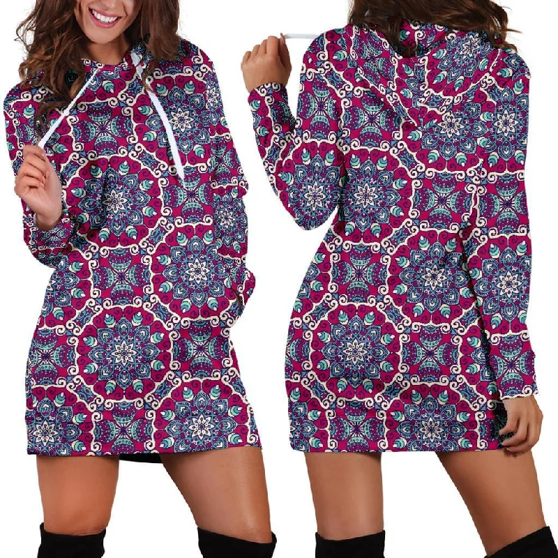 Bohemian Print Pattern Women Hoodie Dress Hoodie with Rhinestones Sparkly Elegant