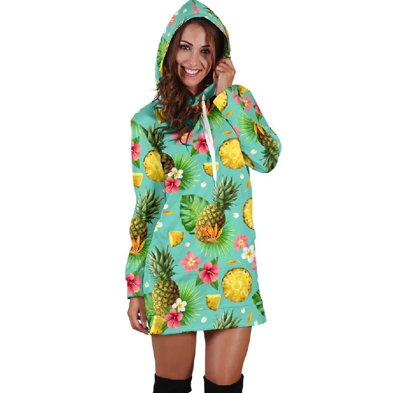 Women Green Hibiscus Pineapple Hawaiian Hoodie Dress Print Hoodie with Thumb Holes Functional Cozy Women Green Hibiscus Pineapple Hawaiian Hoodie Dress Print Hoodie with Thumb Holes Functional Cozy