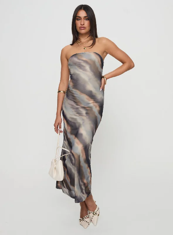 Pinacle Strapless Maxi Dress Brown Tunics stripes playful