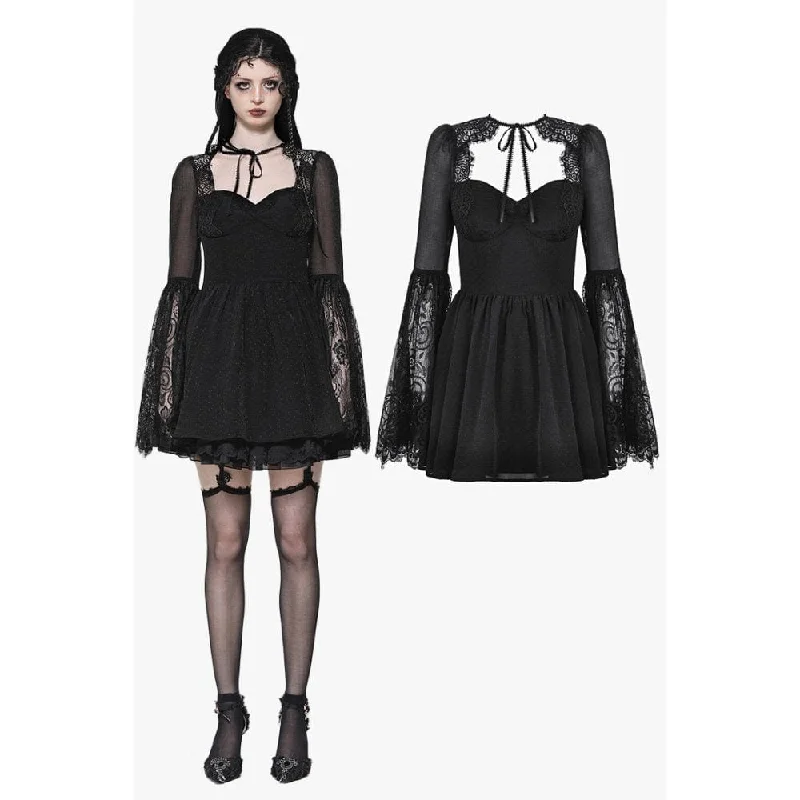 Women's Gothic Flared Sleeved Lace Splice Evening Dress Maxi Flowy Bohemian
