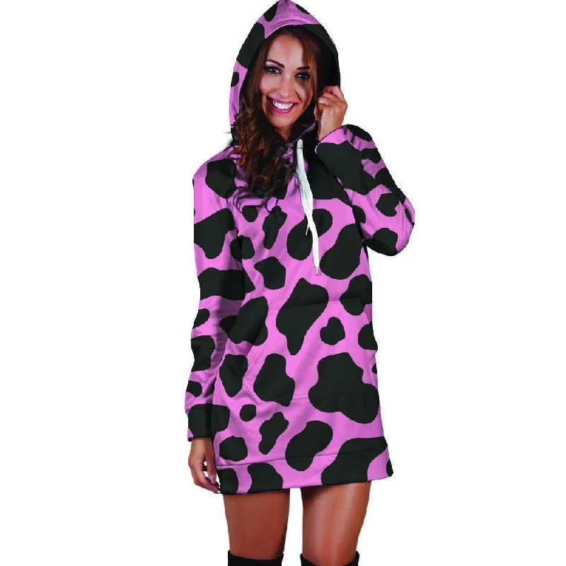 Black Pink Cow Print Hoodie Dress Hoodie with Front Slit Layering Stylish