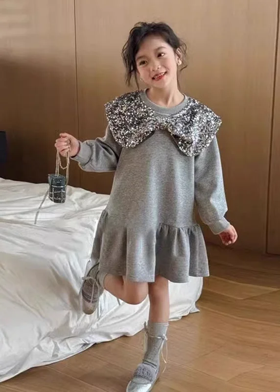 Boutique Grey Neck Sequins Girls Mid Dress Spring TV037 Tunics Prom sequined