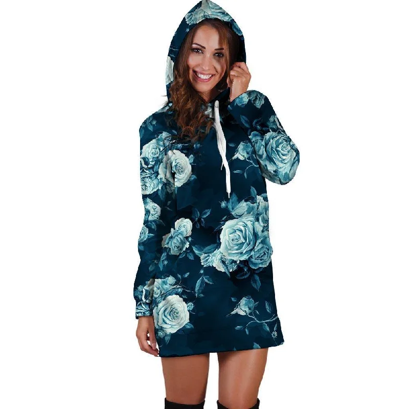 Blue Rose Floral Print Hoodie Dress Hoodie with Mesh Breathable Sporty