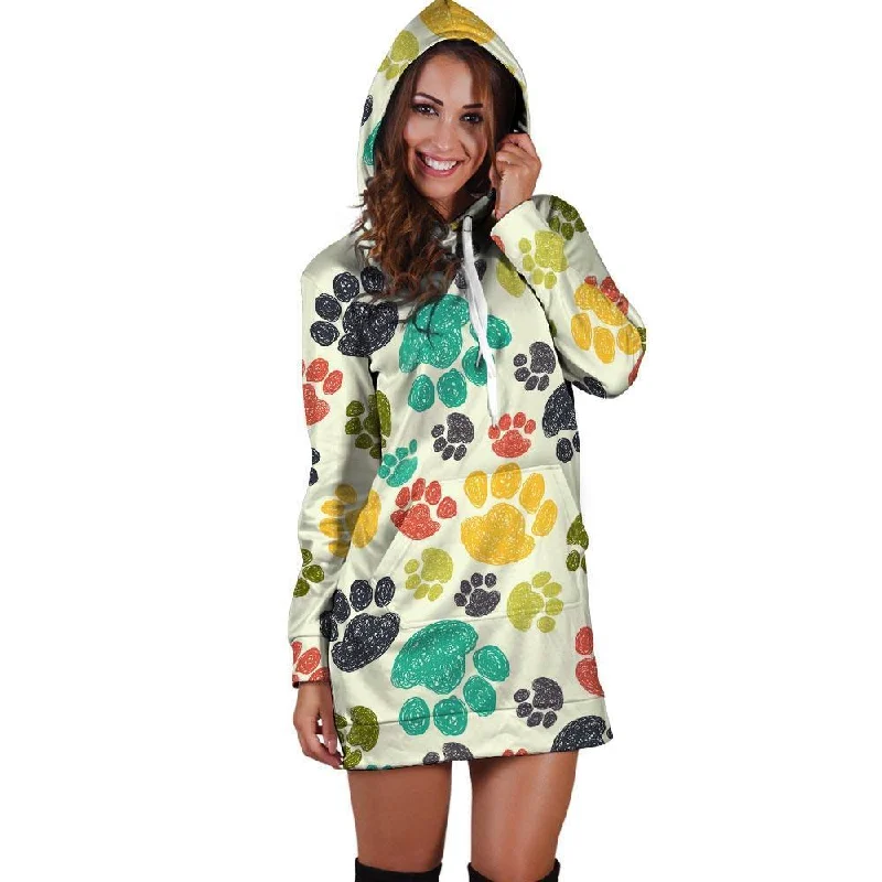 Colorful Doodle Paw Hoodie Dress Hoodie with Mock Neck Collared Structured