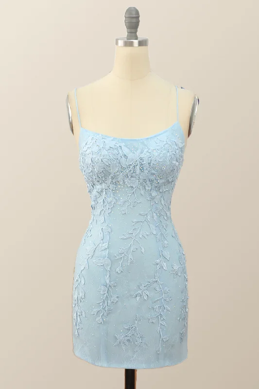 Light Blue Lace Straps Tight Mini Dress Cozy Cotton Mini Dress