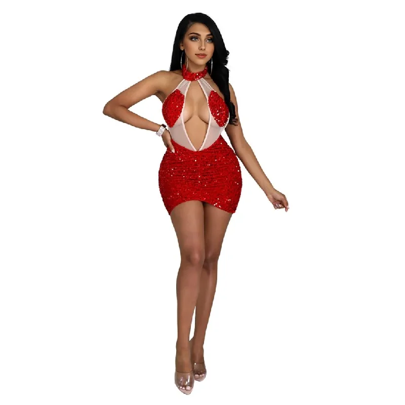 Julia Fashion - Sexy Halter Patchwork Sequin Glitter Mini Dress Fashionable Mini Dress with Frills Julia Fashion - Sexy Halter Patchwork Sequin Glitter Mini Dress Fashionable Mini Dress with Frills