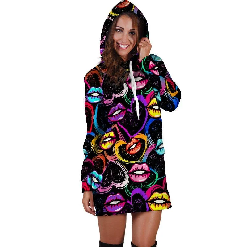 Abstract Lip Graffiti Print Hoodie Dress Hoodie with Ribbed Neckline Snug Warm