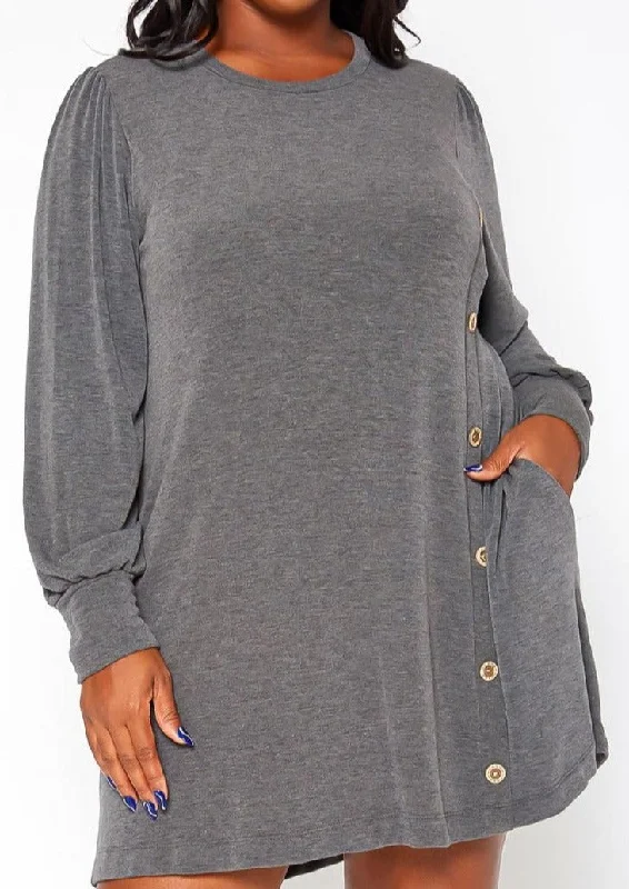 Hi Curvy Plus Size Button Hem Flare Mini Dress with Pockets Tunics Yoga stretchy