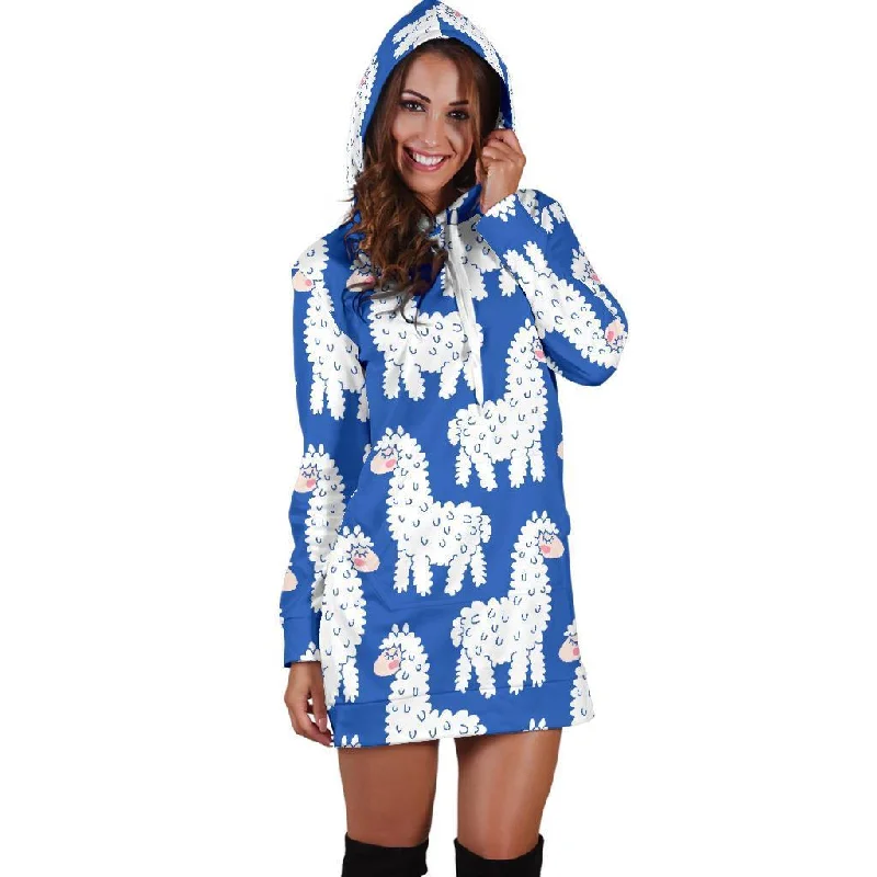 Alpaca Print Pattern Women Hoodie Dress Hoodie with Hem Embroidery Detailed Premium