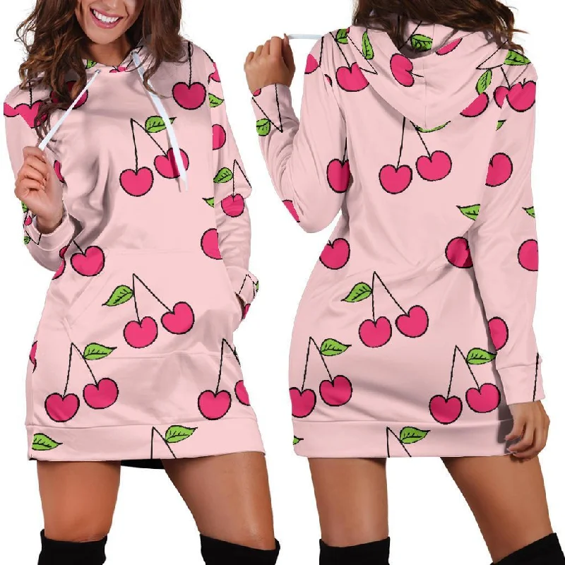 Cherry Pattern Print Women Hoodie Dress Hoodie with Hem Fringe Bohemian Relaxed