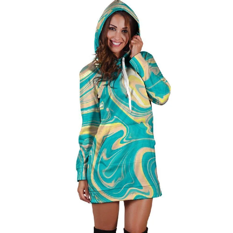 Abstract Green Marble Hoodie Dress Hoodie with Zipper Placket Modern Functional