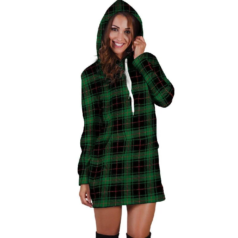 Black Green Plaid Tartan Hoodie Dress Hoodie with Hem Elastic Stretchable Comfortable Black Green Plaid Tartan Hoodie Dress Hoodie with Hem Elastic Stretchable Comfortable