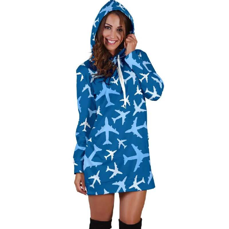 Airplane Pattern Print Women Hoodie Dress Hoodie with Hem Frayed Vintage Worn