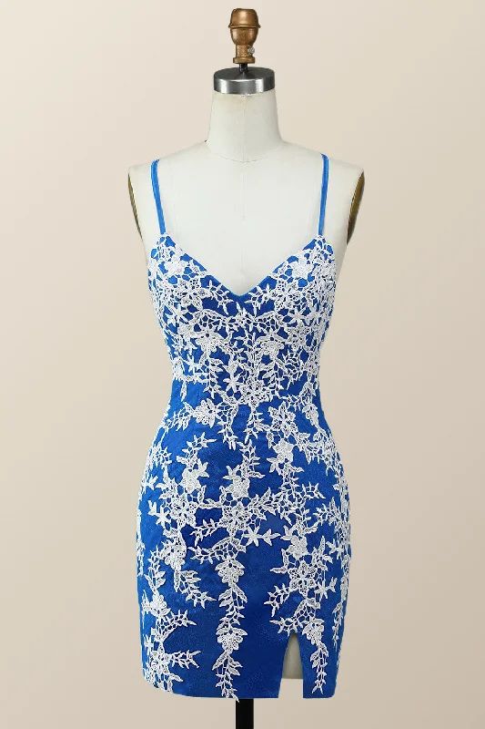 V Neck Royal Blue and White Lace Tight Mini Dress Elegant Vintage Mini Dress
