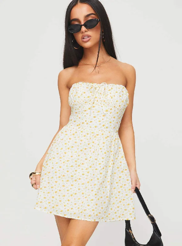 Calidora Strapless Mini Dress Orange Floral Tunics Satin smooth